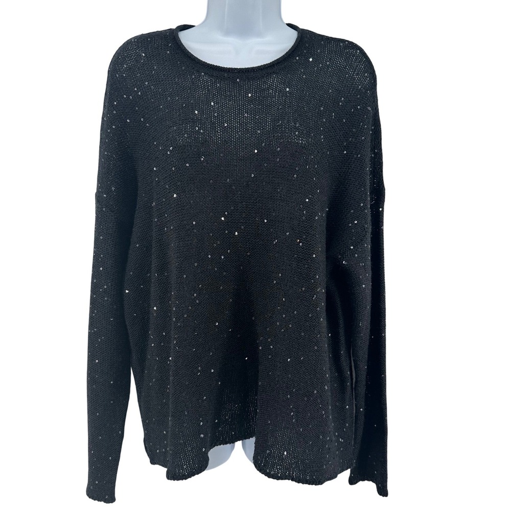 Eileen Fisher Sequin Merino Wool Roll Neck Sweater Holiday Sparkle Womens M